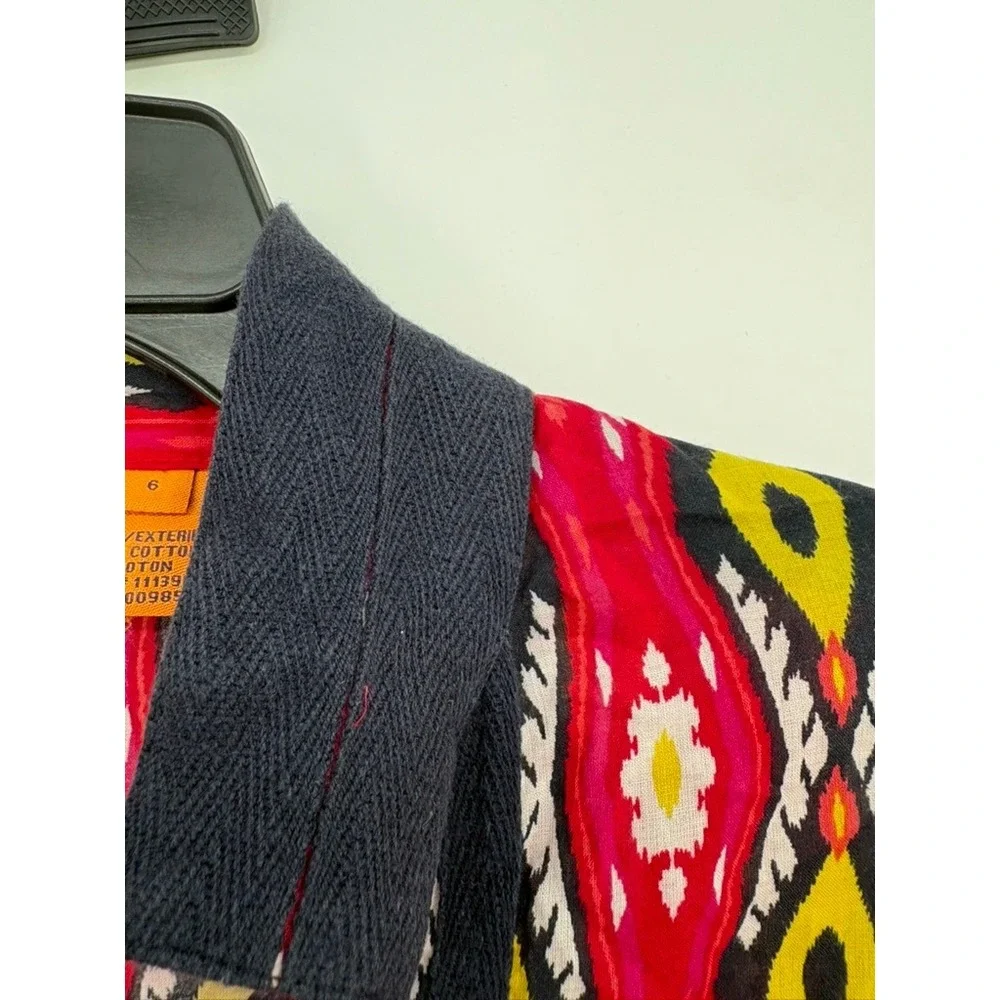 Tory Burch Tunic Women 6 Red Ikat Print V-Neck Long‎ Sleeve Side Slits Cotton